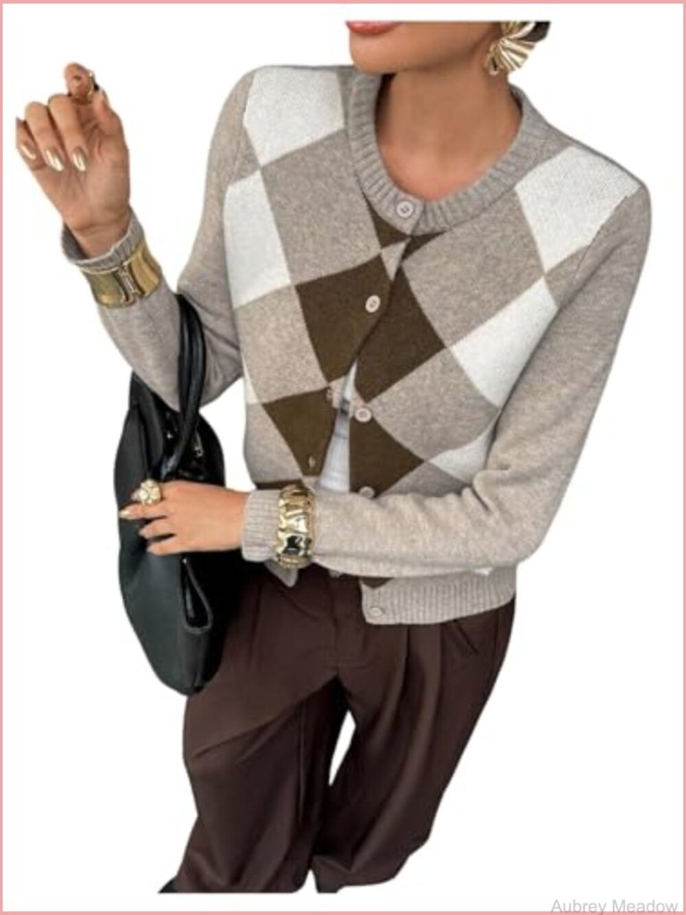 Argyle Plaid Cardigan Sweater Button Down Long Sleeve Crew Neck - Picture 3 of 5